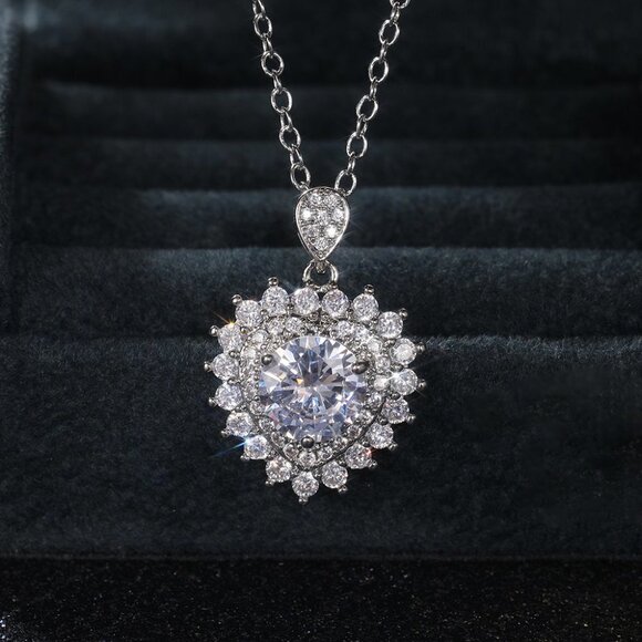 💥 Heart Full CZ Diamonds 925 Silver Plated Heart Necklace for Women, EVGG1107 - Picture 2 of 5